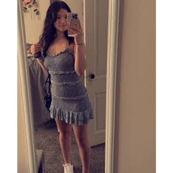 Sim & Sam Women’s Ruffled Tiered Floral Stretch Ruched Mini Dress Size M Blue - Picture 1 of 4